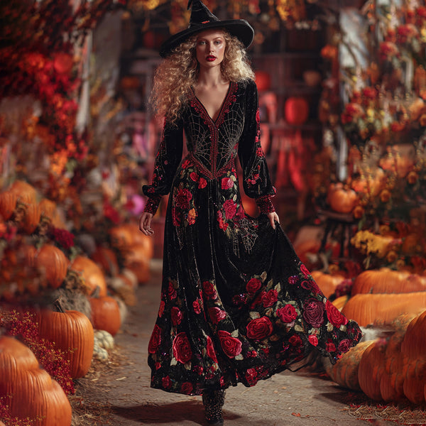 Vestido largo de terciopelo cómodo con estampado clásico de rosas y telarañas para mujer, ideal para Halloween. 