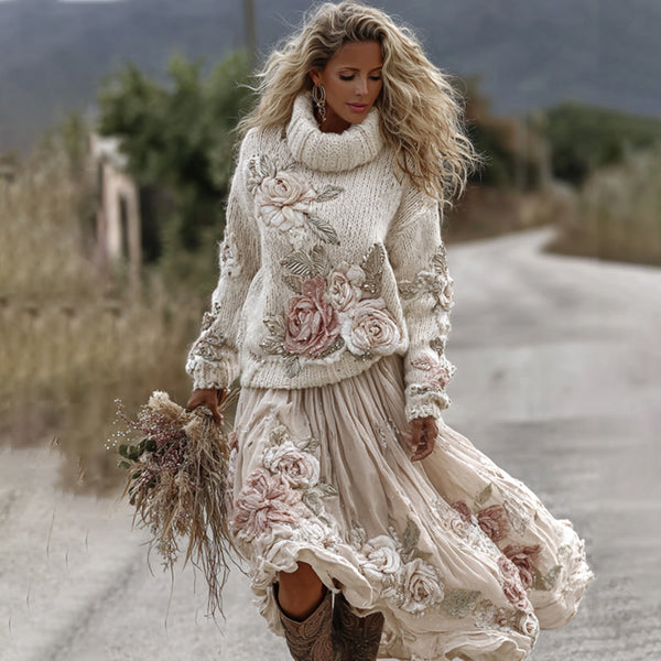 Classic Rose Art Cozy Knit Turtleneck Sweater And Linen Skirt Two-piece Set