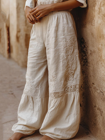 Pantalones casuales de encaje con bordado floral para mujer 