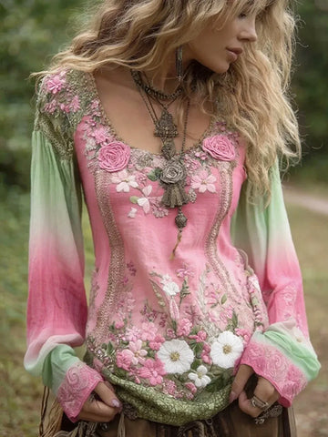 Chemise vintage à manches longues en lin brodé de fleurs et de lavande violettes 