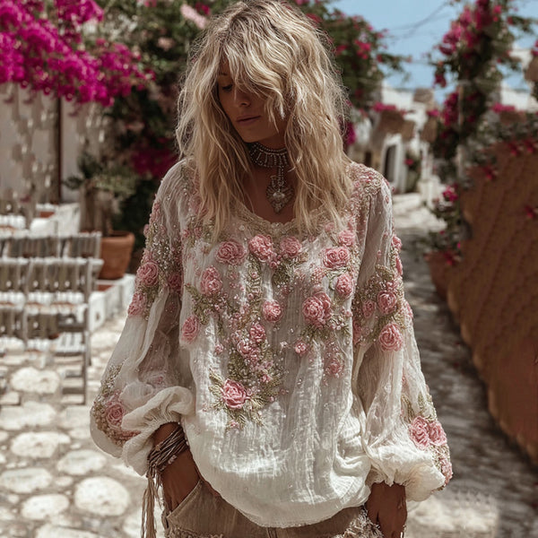 Women's Vintage Pink Rose Embroidery Casual Crew Neck Shirt