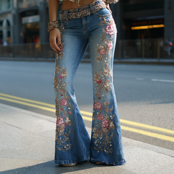 Pantalones vaqueros largos de mujer estilo bohemio con bordado de flores y plantas, corte holgado, pierna ancha y rectos. 