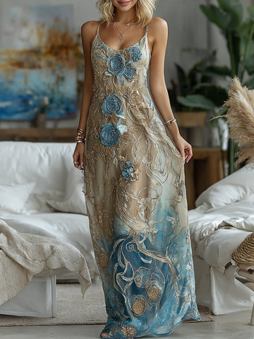 Vestido largo de lino con tirantes, estilo bohemio, con textura de mármol vintage y degradado dorado con estampado de rosas. 