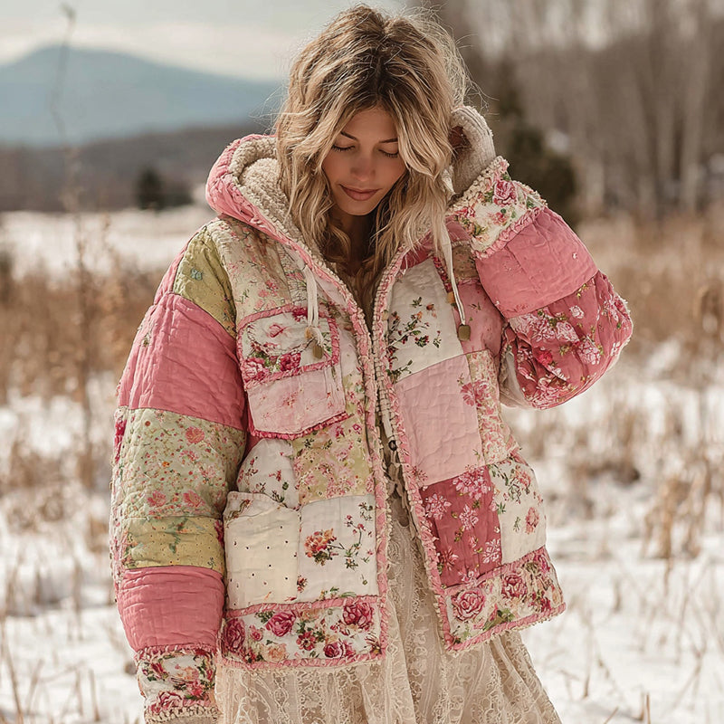 Ropa acolchada de algodón cálido con capucha y estampado floral para mujer 