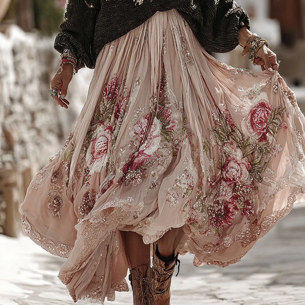 Vintage Rose In White Art Cozy Knit Turtleneck Sweater And Linen Skirt Two-piece Set