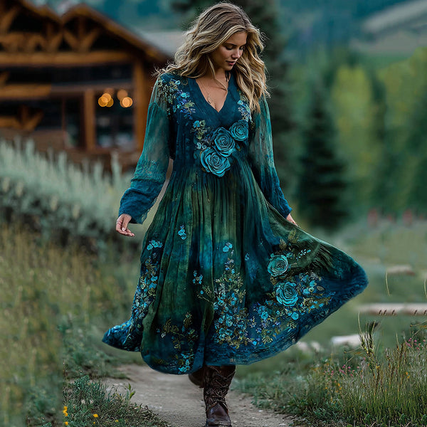 Vestido largo de lino con bordado floral y rosas azules degradadas de alta calidad 