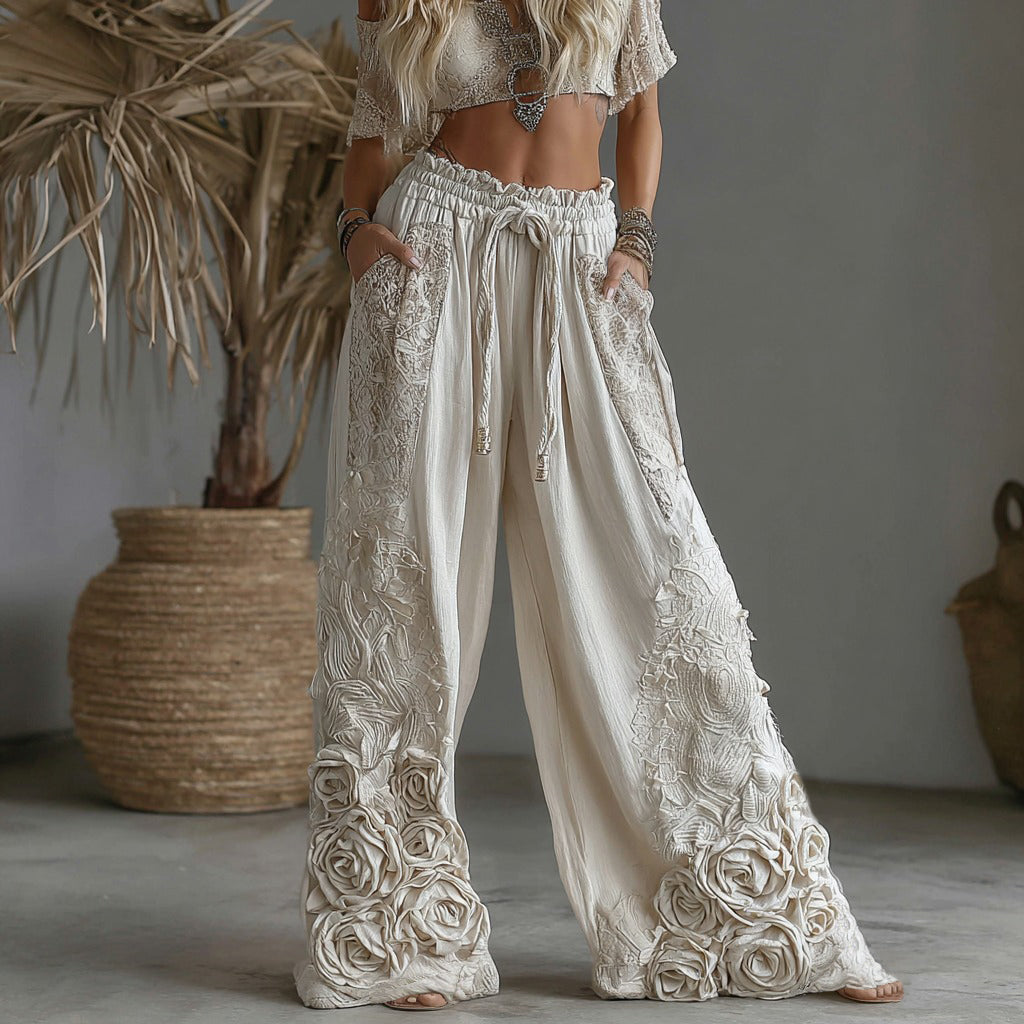 Pantalon décontracté en lin pour femme, orné de broderies florales rétro 