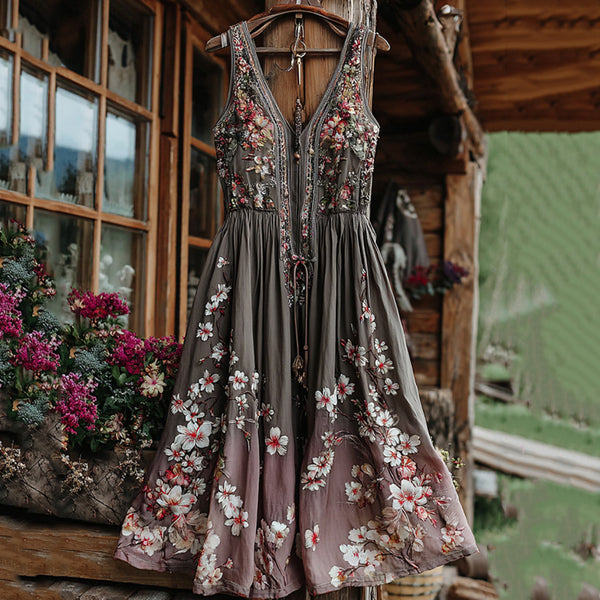 Vestido midi cómodo con cuello en V y estampado floral bohemio para mujer 