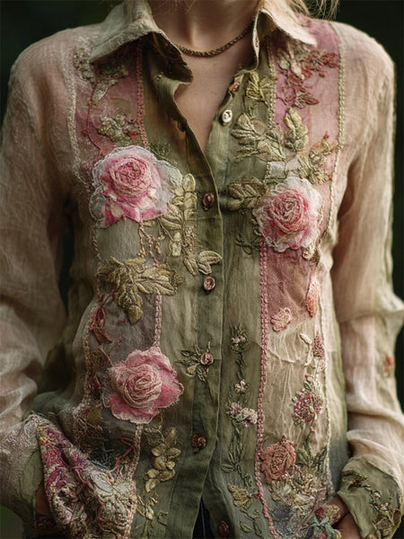 Blusa de lino fluida con patchwork bordado de rosas rosas vintage 