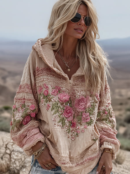 Sudadera informal de media cremallera con estampado floral de rosas vintage para mujer 