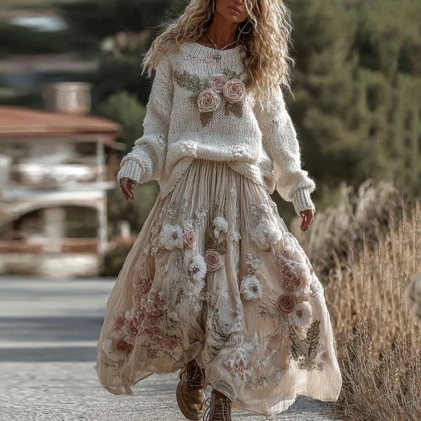 Classic Rose Art Cozy Knit Round Neck Sweater And Linen Skirt Two-piece Set