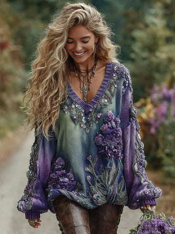 Pull vintage vert et violet à col en V en maille douce avec motif de roses vertes et violettes 