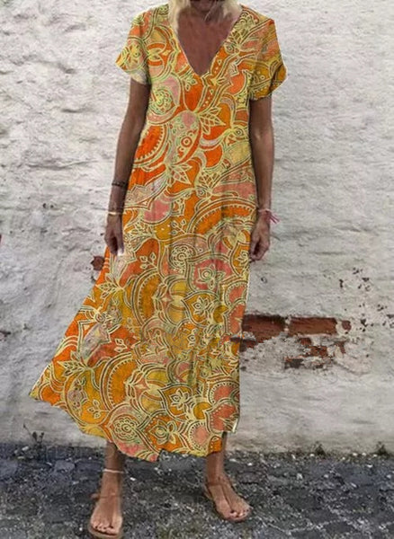 Vestido largo de talla grande, estilo boho floral, cuello en V, manga corta, ideal para primavera y verano. 