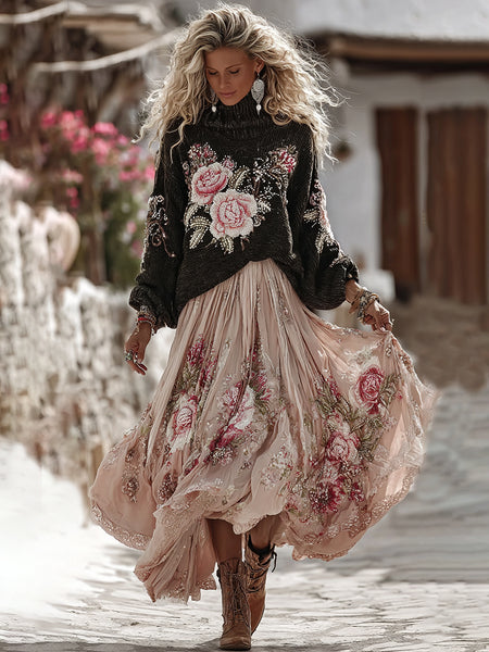 Vintage Rose In White Art Cozy Knit Turtleneck Sweater And Linen Skirt Two-piece Set