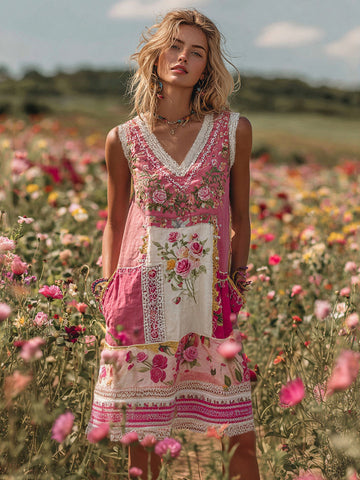 Vestido midi de mujer con patchwork de rosas bordadas 