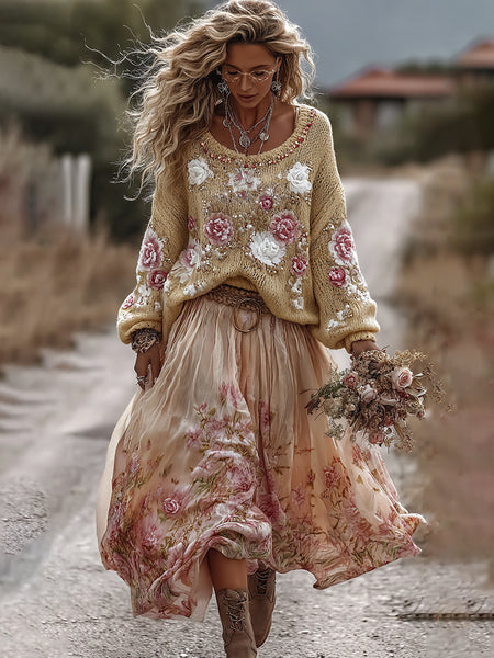 Classic Rose In Gradient Yellow Art Cozy Knit Round Neck Sweater And Linen Skirt Two-piece Set