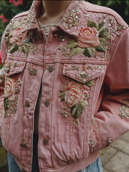Bohemian Style Rose Embroidery Women's Retro Casual Denim Jacket