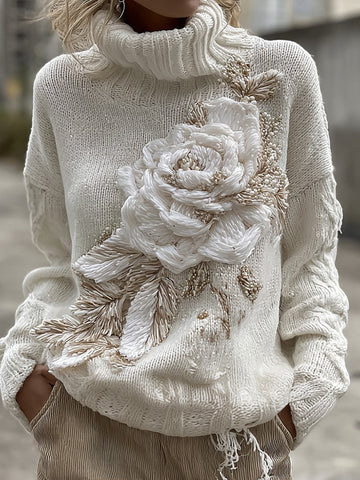 Suéter de cuello alto cálido de punto grueso con estampado de rosas blancas vintage para mujer 