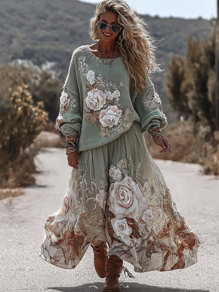 Classic Rose Art Cozy Knit Round Neck Sweater And Linen Skirt Two-piece Set
