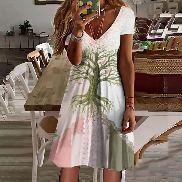 Vestido retro de manga corta con estampado del árbol de la vida para mujer 