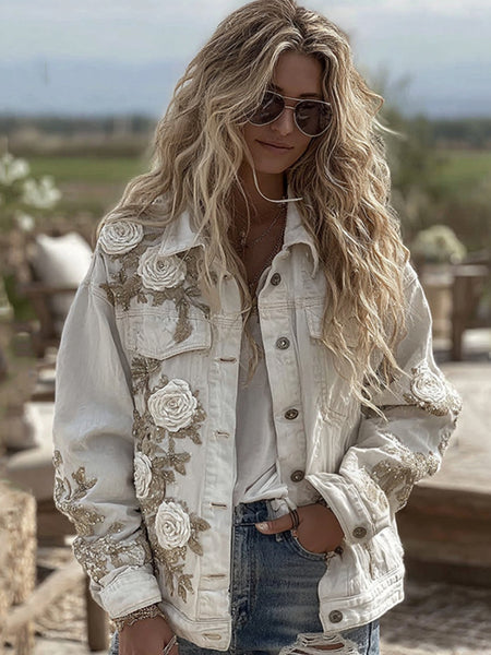 Chaqueta vaquera vintage bordada con flores para mujer 