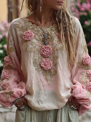 Bohemian Style Tie-dye Floral Embroidery Round Neck Long Sleeve Casual Top