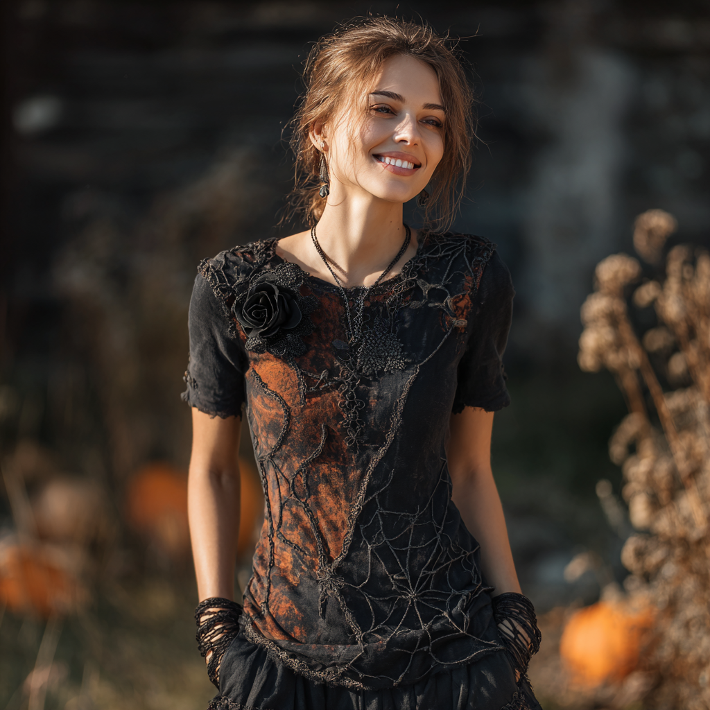 Camiseta de cuello redondo bordada con telaraña y rosa para mujer, ideal para Halloween. 