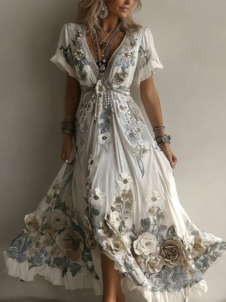 Vestido largo de manga corta con cuello en V y bordado de rosas retro para mujer 