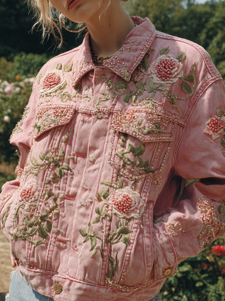 Chaqueta vaquera informal retro para mujer con bordado de rosas de estilo bohemio 