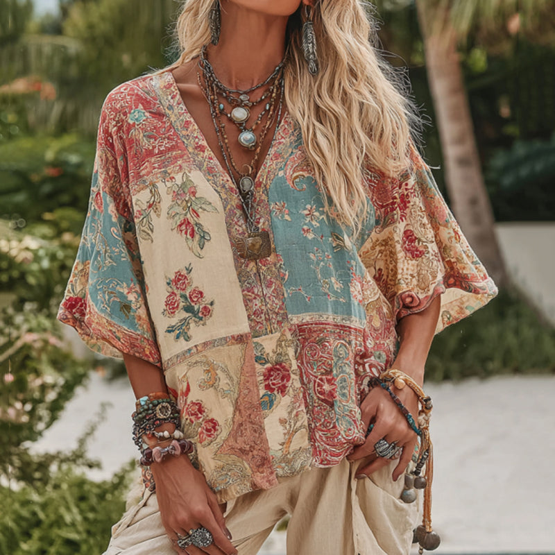 Camisa informal de mujer con cuello en V y estampado floral bohemio 