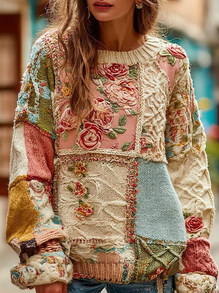 Pull à col rond chaud vintage pour femme, en grosse maille, à broderies florales roses. 