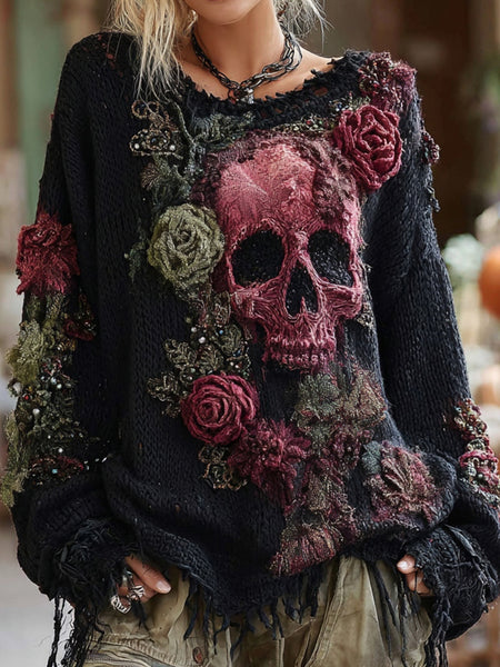 Suéter gótico de punto grueso con bordado de rosa y calavera 
