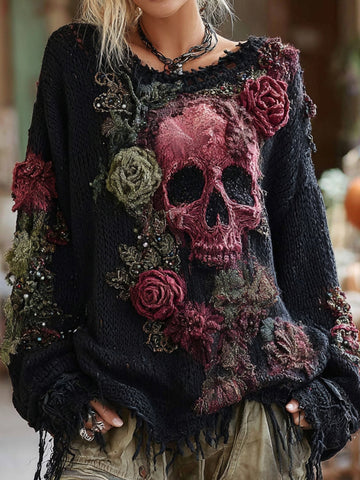 Suéter gótico de punto grueso con bordado de rosa y calavera 