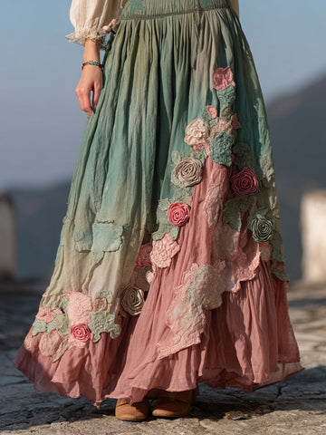 Falda de lino fluida con bordado degradado de rosas estilo boho vintage 