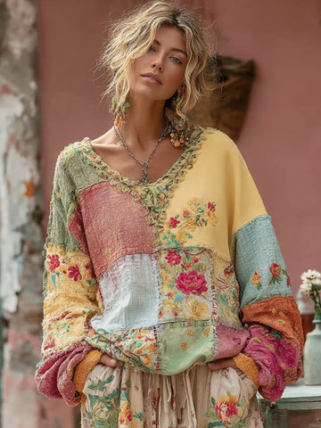 Sudadera informal de cuello en V para mujer con bordado floral en tonos macaron y diseño patchwork. 
