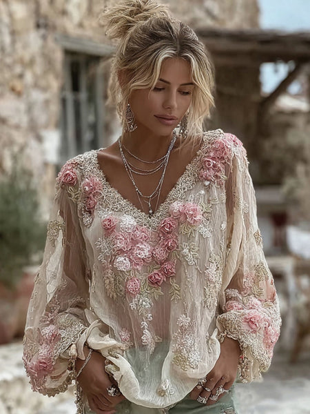 Camiseta de manga larga con cuello en V y bordado floral rosa para mujer, de mezcla de lino. 