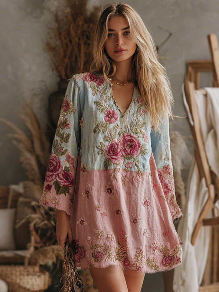 Vestido casual bohemio elegante con cuello en V y rosas rosas degradadas bordadas para mujer 
