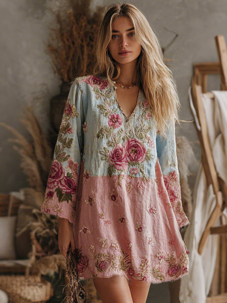 Vestido casual bohemio elegante con cuello en V y rosas rosas degradadas bordadas para mujer 