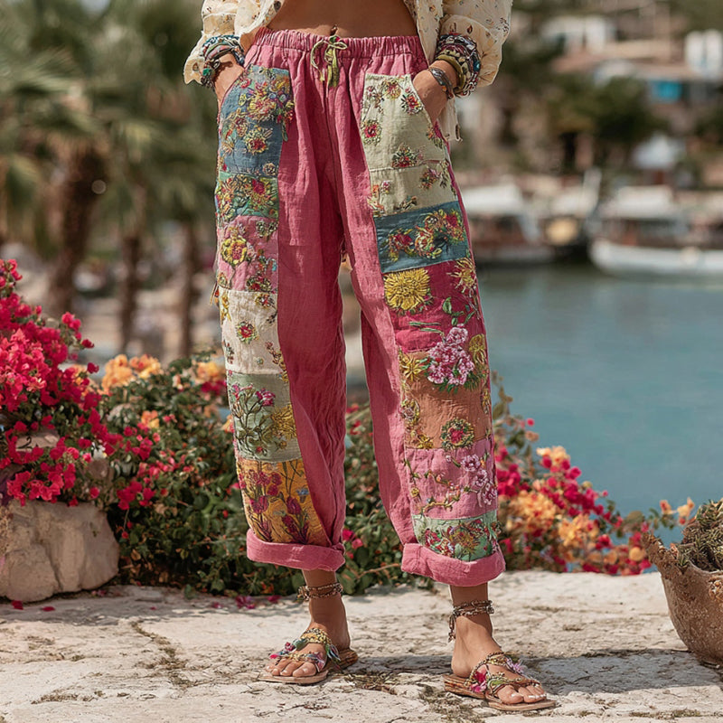 Pantalones casuales de lino con bordado floral bohemio para mujer 