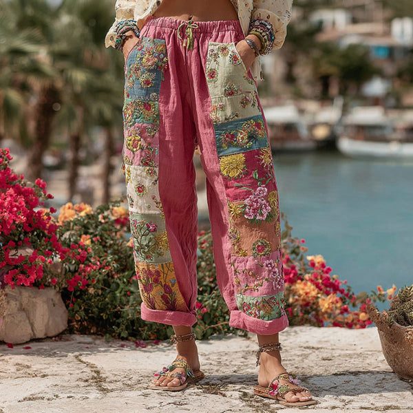 Pantalones casuales de lino con bordado floral bohemio para mujer 