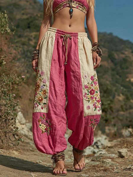 Pantalones casuales retro bohemios con estampado floral bordado para mujer 