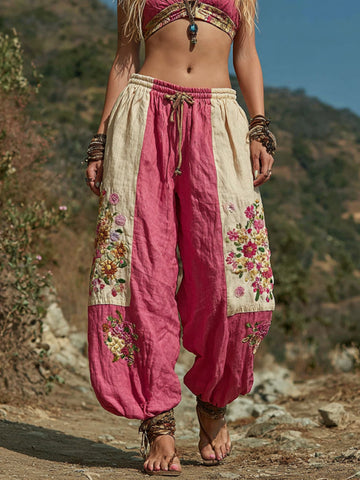 Pantalones casuales retro bohemios con estampado floral bordado para mujer 