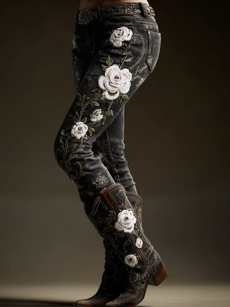 Pantalones vaqueros largos de mujer estilo bohemio con bordado de flores y plantas, corte holgado, pierna ancha y rectos. 