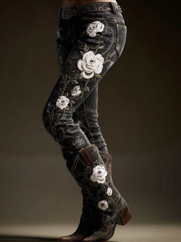 Bohemian Style Women's Plant Flower Embroidery Loose Fit Wide Leg Straight Leg Denim Long Pants