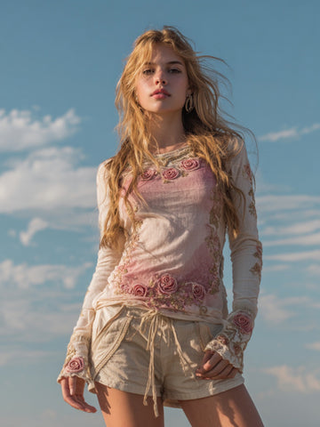 Chemise à manches longues vintage à motif floral pour femme 