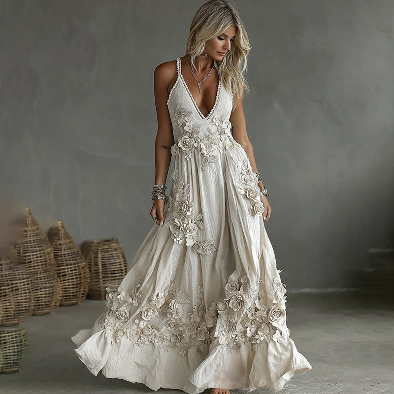 Women's Vintage Rose Embroidery Art V-neck Casual Camisole Dress