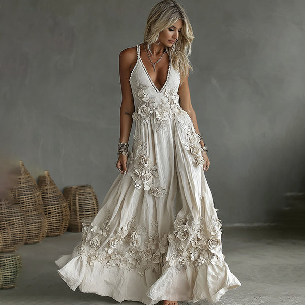 Women's Vintage Rose Embroidery Art V-neck Casual Camisole Dress