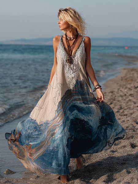 Vestido largo de lino con textura de mármol vintage, estilo bohemio retro para mujer, con degradado dorado. 