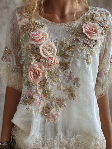 Túnica fluida de lino con encaje de fibra artística con rosas rosas estilo boho y purpurina 