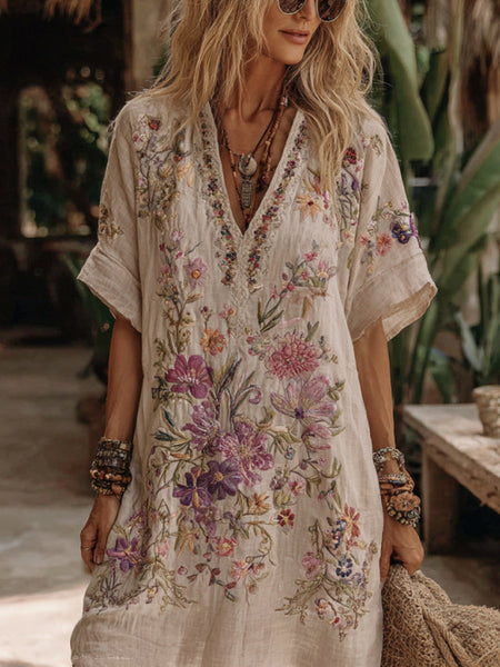 Robe midi confortable à col en V ornée de broderies florales pour femme 